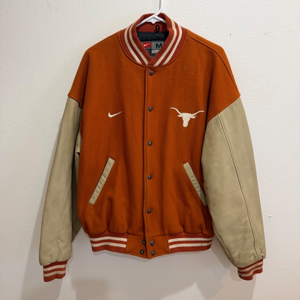 Vintage Nike Team Texas Longhorns Wool Leather Varsity Jacket Mens Medium Orange